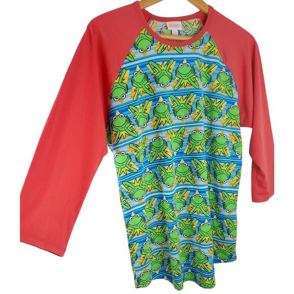 Nwot LuLaroe Top L Randy Kermit Frog Coral Raglan Stretch Women Size Large Shirt - Picture 1 of 10
